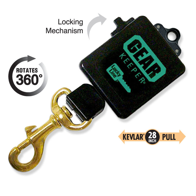Lucky Line Ultra HIGH Force Gear Keeper, Industrial Strength Key Retractor Supplied with Brass Plated Bolt Snap, 28